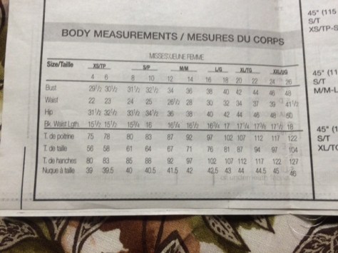 Body measurements chart in pattern